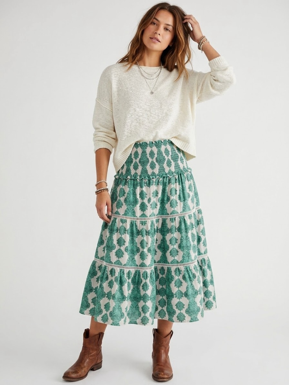 House of Harlow 1960 Linen Blend Bandeau  Tiered Smocked Midi Skirt Size Large